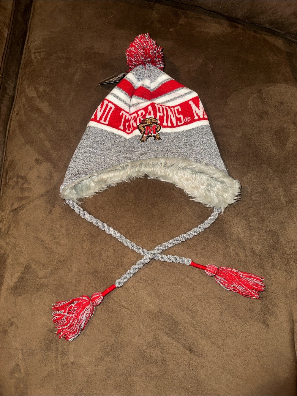 Top of the World Maryland Terrapins Red & Gray Faux-Fur Earflap Pom Beanie